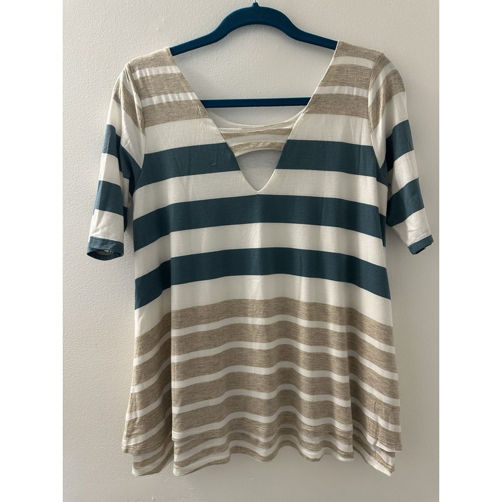 Anthropologie Puella Top Tunic Beige/Green/White Striped Short Sleeve Size S - Picture 4 of 12